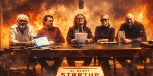 Fünf Personen sitzen an einem langen Tisch in einem industriellen Raum, hinter ihnen lodern Flammen und Rauch wie in einem Actionfilm. Dramatisches Licht, Funken in der Luft und ernste Gesichter erzeugen eine Kinofilm-Atmosphäre; im Vordergrund steht ein Schild mit der Aufschrift „Es heißt Startup und nicht Wartup